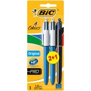 BIC Lot de 3 stylos bille 4 couleurs rétractables pointe moyenne ORIGINAL PRO 2 bleus/1 noir